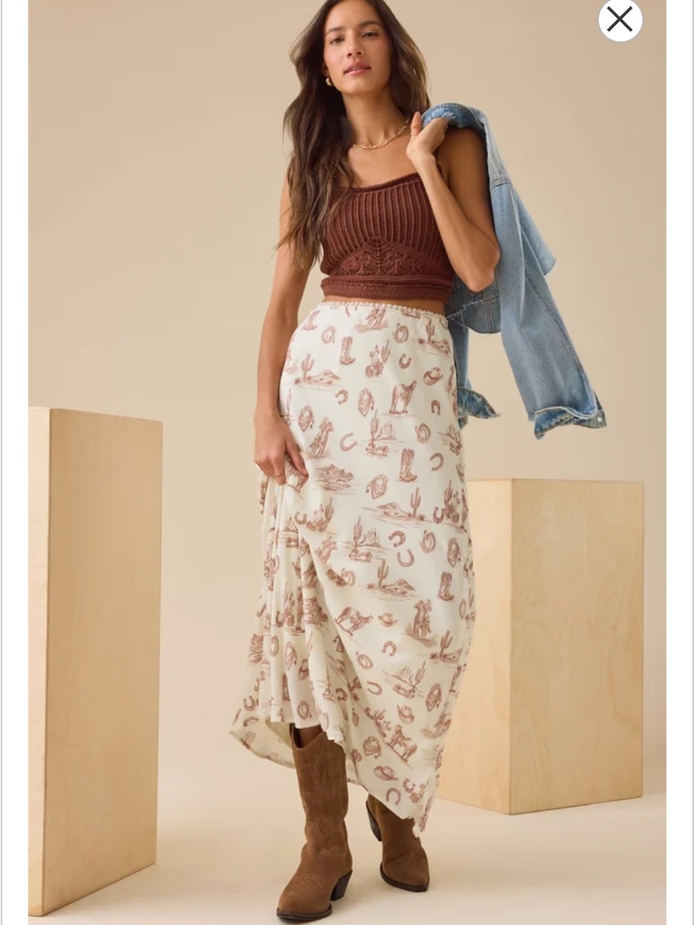 Workshop Republic Clothing Cream Maxi Skirt with Brown Western Print - Picture 4 of 13